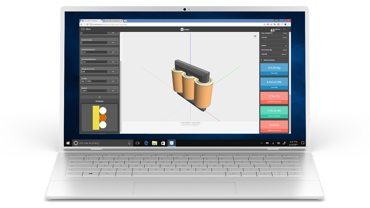 Sisrec engineering software showing a transformer model